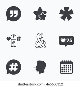Quote, asterisk footnote icons. Hashtag social media and ampersand symbols. Programming logical operator AND sign. Speech bubble. Flat talking head, calendar icons. Stars, like counter icons. Vector
