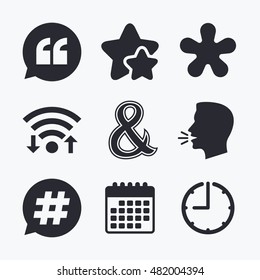 Quote, asterisk footnote icons. Hashtag social media and ampersand symbols. Programming logical operator AND sign. Speech bubble. Wifi internet, favorite stars, calendar and clock. Talking head.