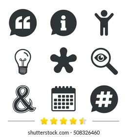 Quote, asterisk footnote icons. Hashtag symbol.