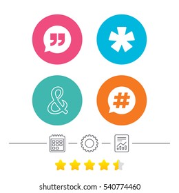 Quote, asterisk footnote icons. Hashtag social media and ampersand symbols. Programming logical operator AND sign. Speech bubble. Calendar, cogwheel and report linear icons. Star vote ranking. Vector