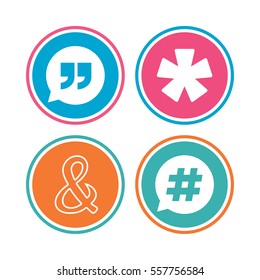 Quote, asterisk footnote icons. Hashtag social media and ampersand symbols. Programming logical operator AND sign. Speech bubble. Colored circle buttons. Vector