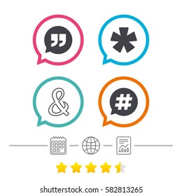 Quote, asterisk footnote icons. Hashtag social media and ampersand symbols. Programming logical operator AND sign. Speech bubble. Calendar, internet globe and report linear icons. Star vote ranking