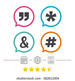 Quote, asterisk footnote icons. Hashtag social media and ampersand symbols. Programming logical operator AND sign. Calendar, internet globe and report linear icons. Star vote ranking. Vector