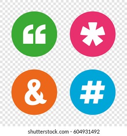 Quote, asterisk footnote icons. Hashtag social media and ampersand symbols. Programming logical operator AND sign. Round buttons on transparent background. Vector