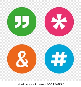 Quote, asterisk footnote icons. Hashtag social media and ampersand symbols. Programming logical operator AND sign. Round buttons on transparent background. Vector