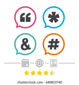 Quote, asterisk footnote icons. Hashtag social media and ampersand symbols. Programming logical operator AND sign. Calendar, internet globe and report linear icons. Star vote ranking. Vector