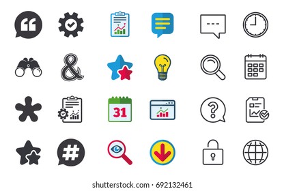 Quote, asterisk footnote icons. Hashtag social media and ampersand symbols. Programming logical operator AND sign. Speech bubble. Chat, Report and Calendar signs. Stars, Statistics and Download icons