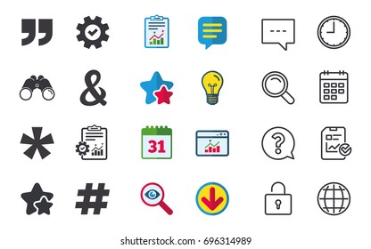 Quote, asterisk footnote icons. Hashtag social media and ampersand symbols. Programming logical operator AND sign. Chat, Report and Calendar signs. Stars, Statistics and Download icons. Vector