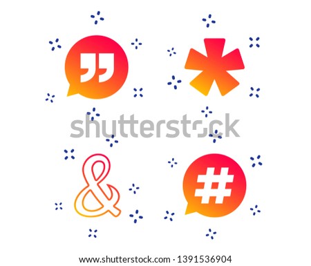 Quote, asterisk footnote icons. Hashtag social media and ampersand symbols. Programming logical operator AND sign. Speech bubble. Random dynamic shapes. Gradient quote icon. Vector