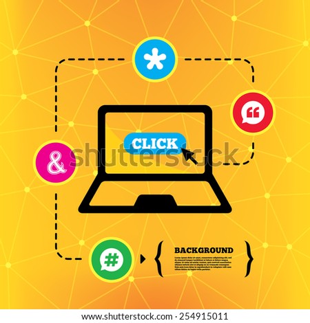 Quote, asterisk footnote icons. Hashtag social media and ampersand symbols. Programming logical operator AND sign. Speech bubble. Notebook device orange background with icons. Vector