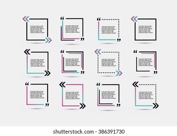 Quote blank template.  Template vector eps 10 set. Empty quote bubble.  Quote form. Quote citation blank template. Blank template with print information design quotes. Color  quote bubble.
