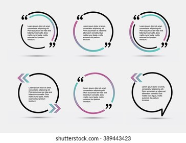Quote blank template.  Template vector eps 10 set. Empty quote bubble.  Quote form. Quote citation blank template. Blank template with print information design quotes. Color  quote bubble.