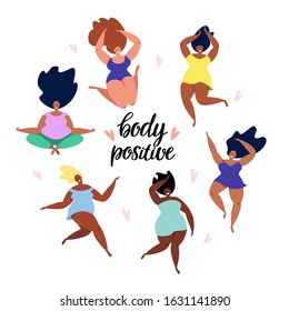 Quote body positive with multiracial women of different figure type. Vector flat style illustration happy plus size girls are dancing with hearts isolated on white background. Female cartoon character