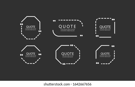 Quote box frame, big set isolated on black background. Text in brackets, citation empty speech bubbles Vector Illustration.