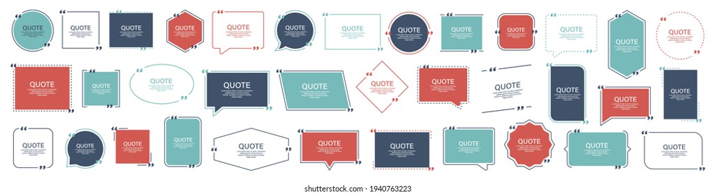 Angebotskastenrahmen, großes Set. Briefkästen ausdrucken. Blank Template Zitat Textinfos Design Felder Zitate Blase Blog Anführungszeichen Symbole. Kreative Vektorbanner-Illustration. Vektorgrafik bürstet den Hintergrund.