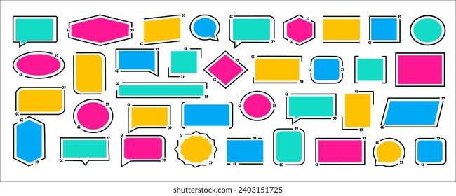 Angebotskastenrahmen, großes Set. Briefkästen ausdrucken. Farbige Blank Vorlage Zitat Text Info Design Felder Zitate Blase Blog Anführungszeichen Symbole. Kreative Vektorbanner-Illustration