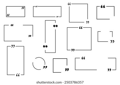 Quote box frame big set for the great design of speech quotation marks. Templates of texting black line quote frames for definition, remark, and citation design. Vector illustration. Eps file 97.