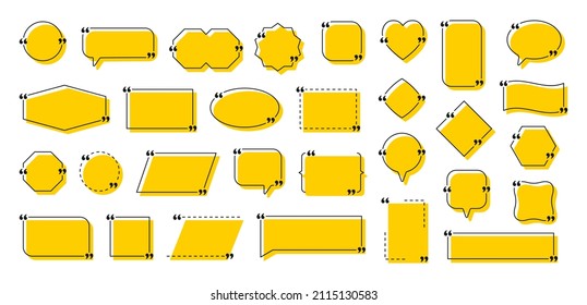 Quote box frame set. Blank quote boxes for text. Quotation bubble frame template with yellow background. Citation windows. Vector illustration.