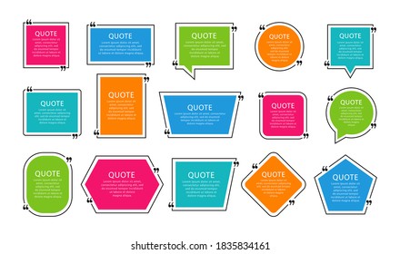 Quote box frame set. Colored empty quotes boxes. Speech bubbles templates.