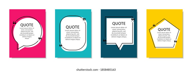 Quote box frame set. Colored empty quotes boxes. Blank templates for quotes. Speech bubbles.