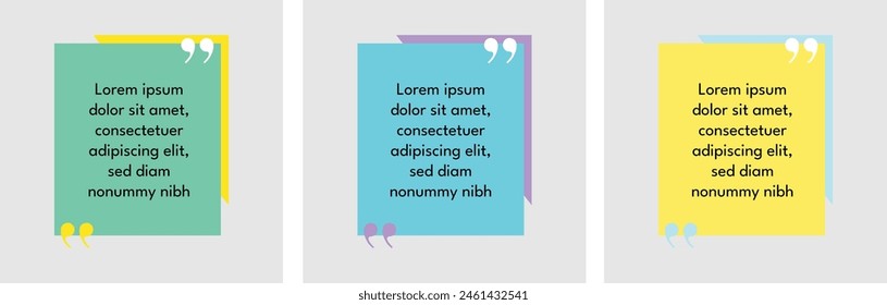 Quote box frame, set. Quote box icon. Texting quote boxes. Blank template quote text info design boxes bubble blog quotes symbols, vector illustration.