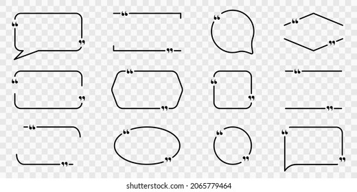 Juego de marcos de cuadro de cita. Marco para el icono de línea de cotizaciones. Cuadros de texto para voz, charla, referencia, comentario. Burbuja de plantilla para signo de cotización. Cuadrado de citas sobre fondo transparente. Ilustración vectorial.