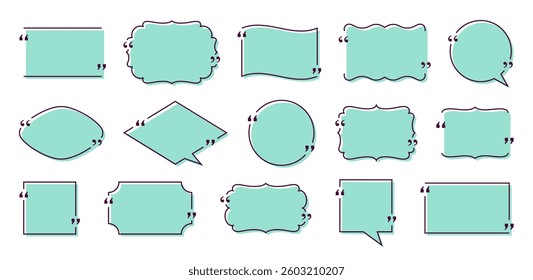 Quote box frame. Speech bubble template. Text quotations in simple design. Set of quote boxes on white background. Info notes and messages in textboxes with shadows. Vector Illustration in line style.