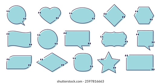 Quote box frame. Speech bubbles templates. Text quotations in simple design. Set of quote boxes. Info notes and messages in textboxes with shadows. Vector Illustration in minimal line style.