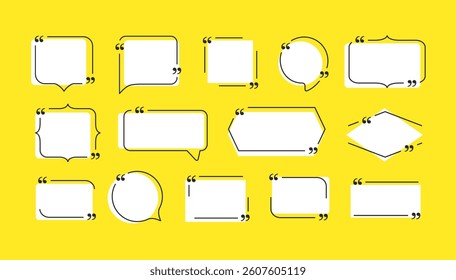 Quote box frames set isolated on yellow background. Vector bubble quotation, comment, message borders