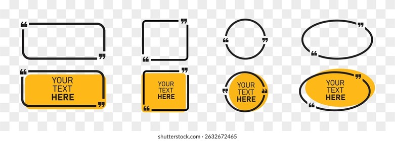 Quote box frames set isolated on transparent background. yellow speech bubble, quote box icon. Texting quote boxes. Blank, empty, white speech bubbles. Vector illustration.
