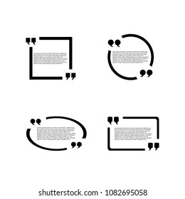 Quote Box Set – 4 Stylized Text Highlight Shapes with Decorative Quotation Marks for Testimonials or Editorial Use. A set of four distinct quote box designs arranged in a 2×2 grid. Each box features stylized quotation marks and placeholder text enclosed within a unique shape: square, circular, elliptical, and rectangular. These clean and expressive vector elements are ideal for highlighting quoted text, testimonials, or editorial excerpts in presentations, marketing materials, social media visuals, and publishing layouts. Suitable for both commercial and editorial use across print and digital platforms.