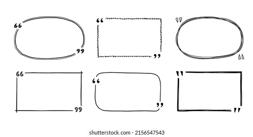 Esbozo de cuadro de cita, conjunto de marcos de texto. Cuadro de comillas de estilo de doodle dibujado a mano, borde de texto con cuadrado, burbuja, forma redonda. Ilustración vectorial.