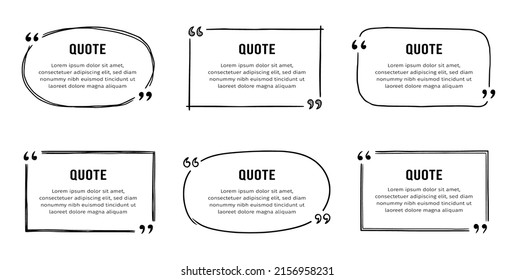 Quote box sketch, text frame set. Hand drawn doodle style quote box, text border with square, bubble, round shape. Vector illustration.