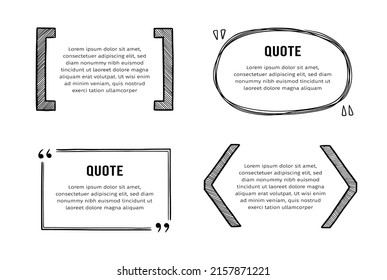 Quote box sketch, text frame set. Hand drawn doodle style quote box, text border with square, bubble, bracket shape. Vector illustration.