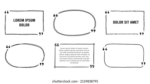 Quote box sketch, text frame set. Hand drawn doodle style quote box, text border with square, bubble, round shape. Vector illustration.