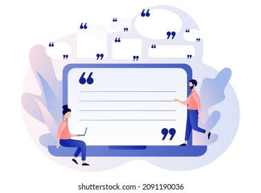 Quote Box And Speech Bubble On Laptop Screen. Tiny Characters Quoted Text Great And Famous People. Texting Quote Boxes. Modern Flat Cartoon Style. Vector Illustration On White Background