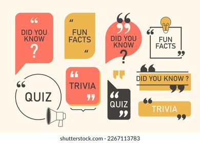 Quote box and speech bubble templates set with trivia, quiz and fun facts. Vector illustration