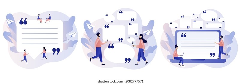 Quote box and speech bubble. Texting quote boxes. Tiny characters quoted text great and famous people. Modern flat cartoon style. Vector illustration on white background