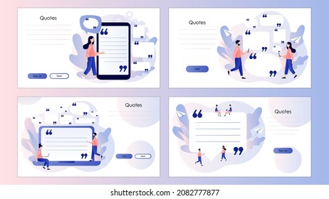 Cita y burbuja de voz. Casillas de comillas de texto. Pequeños personajes citaron textos de personas famosas y grandiosas. Plantilla de pantalla para página de inicio, plantilla, ui, web, aplicación móvil, afiche, banner, volante. Vector 