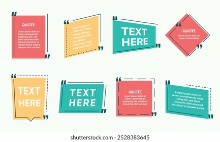 Quote box template, frame, speech bubble, box icon. Colored shaped text box. Flat Vector isolated illustration