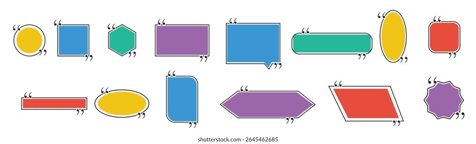 Quote box template icon set. Text bubble quote frame flat collection.
