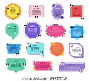 Quote boxes. Colorful quotes frames with quotation marks. Dialog bubble box, information tag, text message, texting frame template vector set. Oval, square, rectangle and hexagon shapes