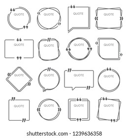 Quote boxes. Sentence quotes frames, cite comment quotation box and idea frame or bubble marks for text. Speech banner quote border template vector template isolated icons set