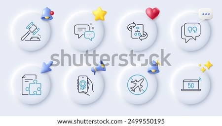 Quote bubble, Airplane mode and Employees messenger line icons. Buttons with 3d bell, chat speech, cursor. Pack of Strategy, Award app, Technical algorithm icon. Vector