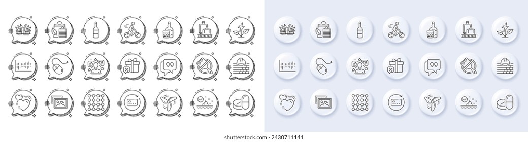 Iconos de burbujas, estadio Arena y línea eléctrica Eco. Botones 3d de pin blanco, iconos de burbujas de chat. Paquete de ciclista, ratón de la computadora, icono de compras Bio. Influence, Build, Pictograma del álbum de fotos. Vector