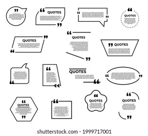 Quote bubble and box, chat, message, comment quote icons. Vector speech frames, comment for texting, citing for text info blank templates. Quotation symbols with inverted commas, isolated elements set