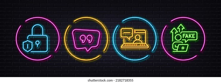 Quote bubble, Friends chat and Lock minimal line icons. Neon laser 3d lights. Fake internet icons. For web, application, printing. Chat comment, Message, Padlock shield. Wrong information. Vector