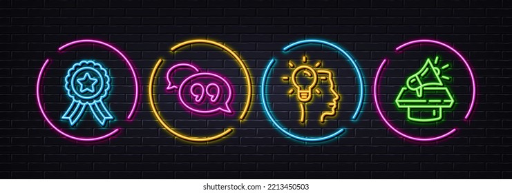 Quote bubble, Idea and Winner ribbon minimal line icons. Neon laser 3d lights. Megaphone icons. For web, application, printing. Chat comment, Professional job, Best award. Brand advertisement. Vector