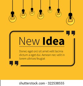 Quote bubble, quote marks, quotation marks, quote box, get a quote. Phrase new idea in quotes on yellow. Text poster, message typography, motivation wisdom, saying and note, quotation and inspire.