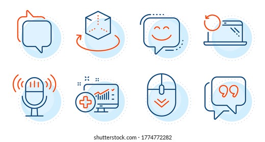 Quote bubble, Scroll down and Medical analytics signs. Recovery laptop, Smile face and Messenger line icons set. Augmented reality, Microphone symbols. Backup data, Chat. Technology set. Vector